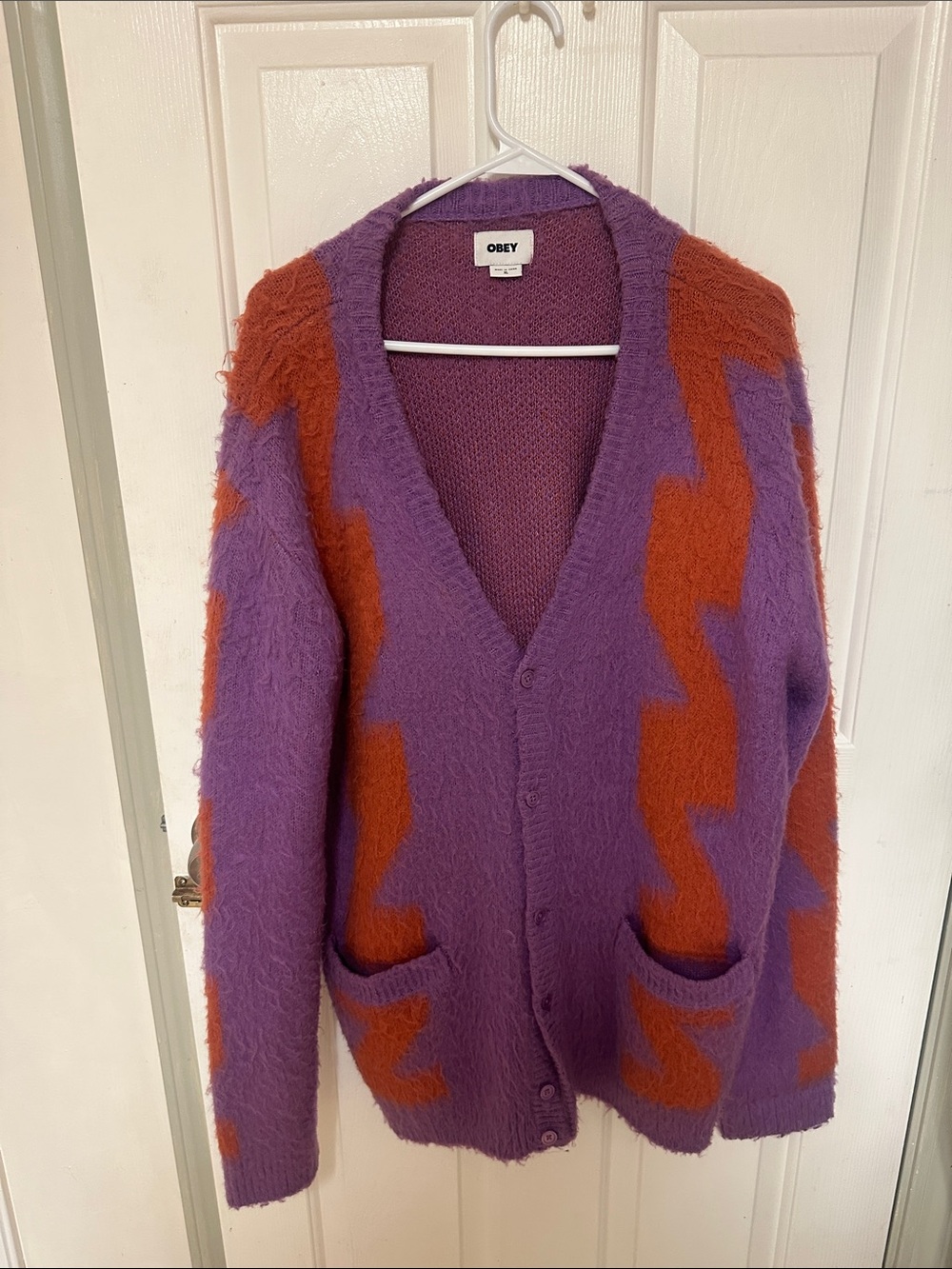 Obey Women's Purple & Rust Zigzag Fuzzy Button-Up Cardigan